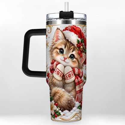 #pl[40oz|Black] Santa Hat Kitten 40oz Tumbler with Handle, Festive Cat Drinkware