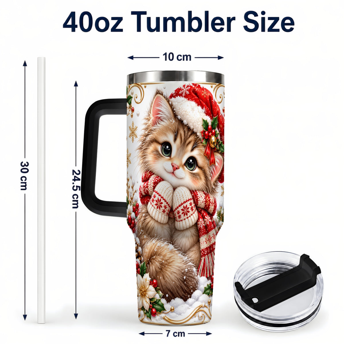 #pl[40oz|Black] Santa Hat Kitten 40oz Tumbler with Handle, Festive Cat Drinkware