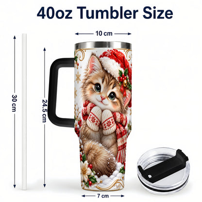 #pl[40oz|Black] Santa Hat Kitten 40oz Tumbler with Handle, Festive Cat Drinkware
