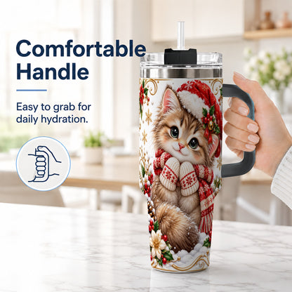 #pl[40oz|Black] Santa Hat Kitten 40oz Tumbler with Handle, Festive Cat Drinkware