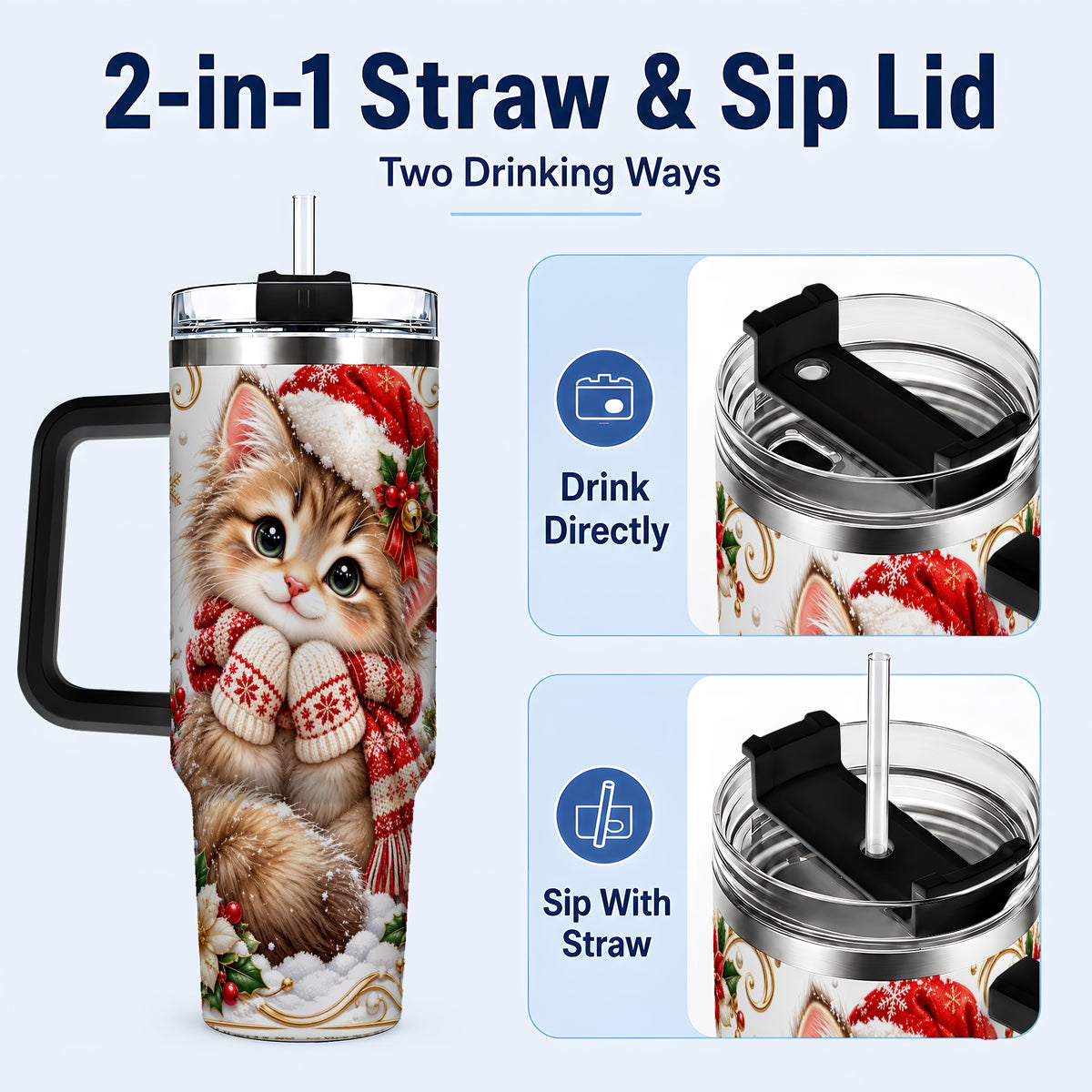 #pl[40oz|Black] Santa Hat Kitten 40oz Tumbler with Handle, Festive Cat Drinkware