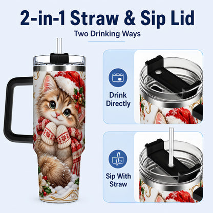 #pl[40oz|Black] Santa Hat Kitten 40oz Tumbler with Handle, Festive Cat Drinkware