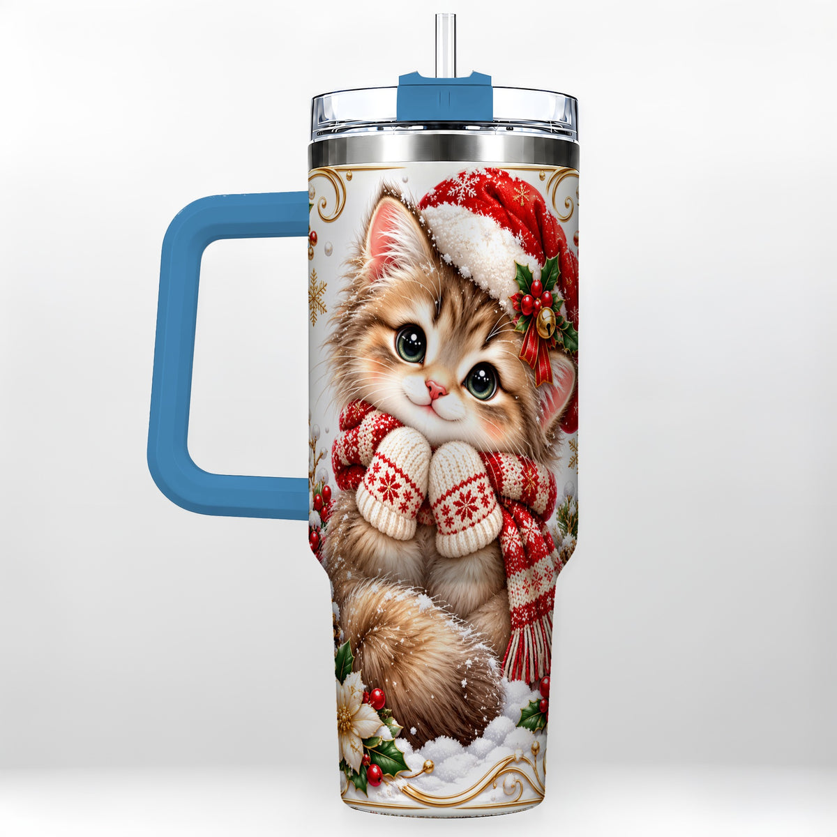 #pl[40oz|Blue] Santa Hat Kitten 40oz Tumbler with Handle, Festive Cat Drinkware