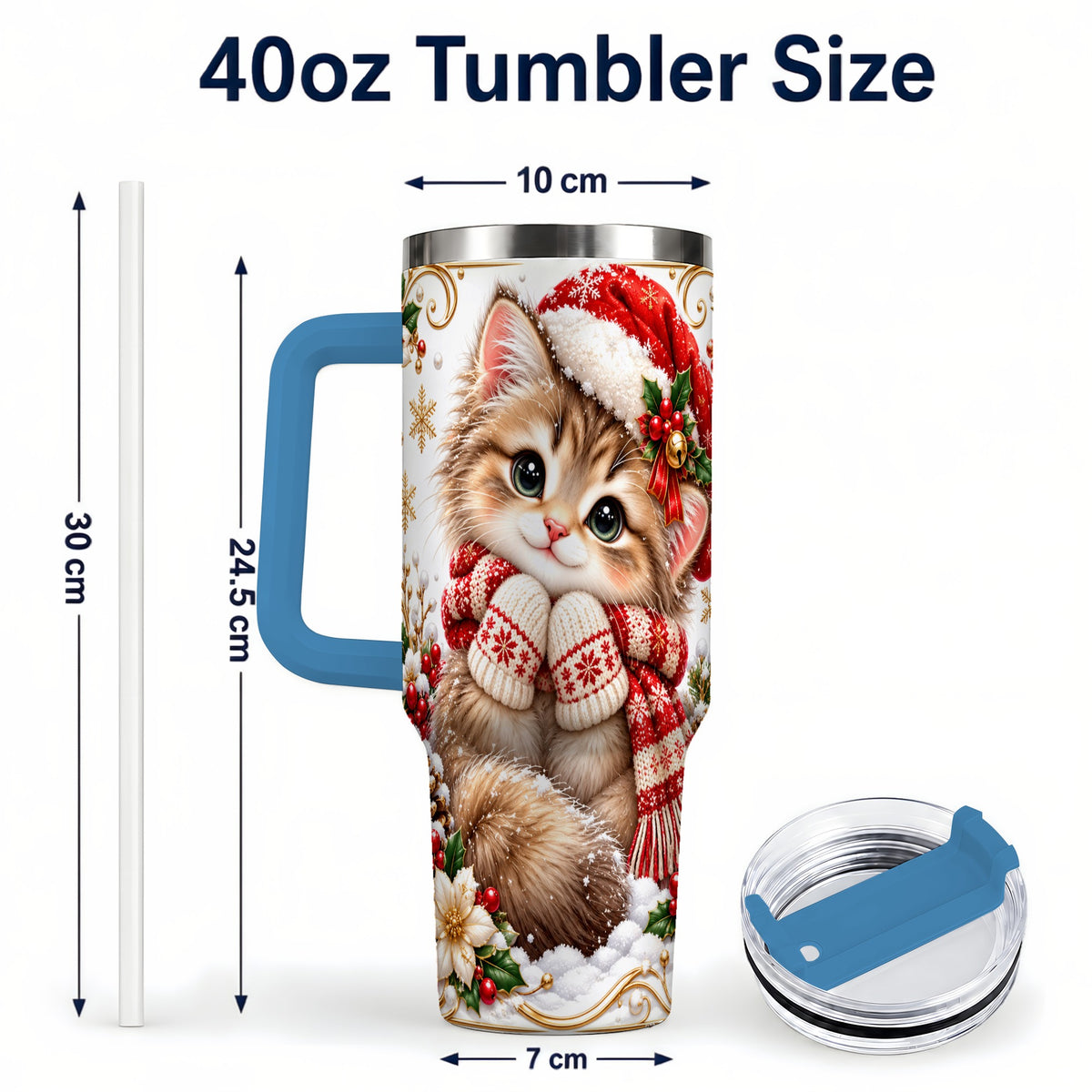 #pl[40oz|Blue] Santa Hat Kitten 40oz Tumbler with Handle, Festive Cat Drinkware