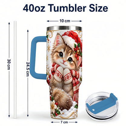 #pl[40oz|Blue] Santa Hat Kitten 40oz Tumbler with Handle, Festive Cat Drinkware