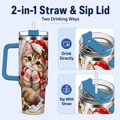 #pl[40oz|Blue] Santa Hat Kitten 40oz Tumbler with Handle, Festive Cat Drinkware