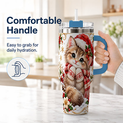 #pl[40oz|Blue] Santa Hat Kitten 40oz Tumbler with Handle, Festive Cat Drinkware