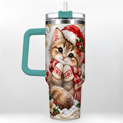 #pl[40oz|Green] Santa Hat Kitten 40oz Tumbler with Handle, Festive Cat Drinkware