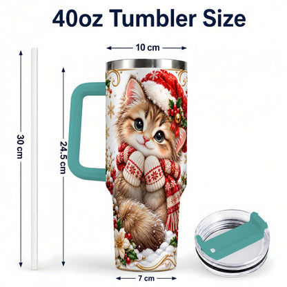 #pl[40oz|Green] Santa Hat Kitten 40oz Tumbler with Handle, Festive Cat Drinkware