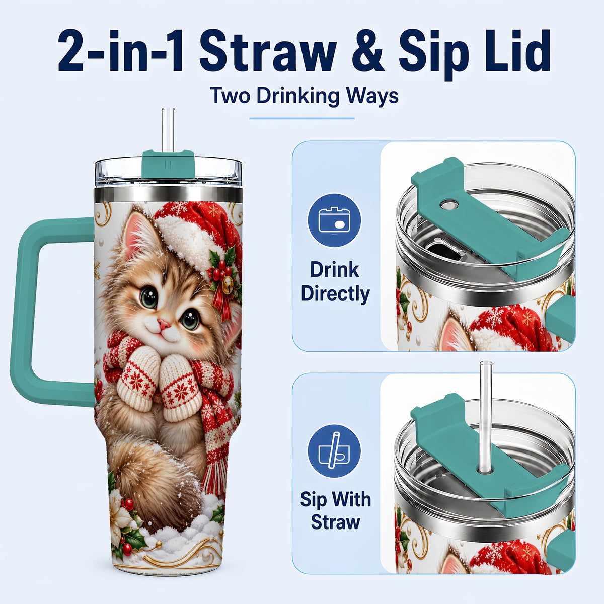 #pl[40oz|Green] Santa Hat Kitten 40oz Tumbler with Handle, Festive Cat Drinkware