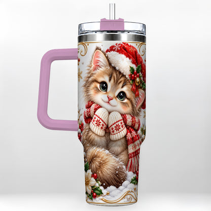 #pl[40oz|Pink] Santa Hat Kitten 40oz Tumbler with Handle, Festive Cat Drinkware