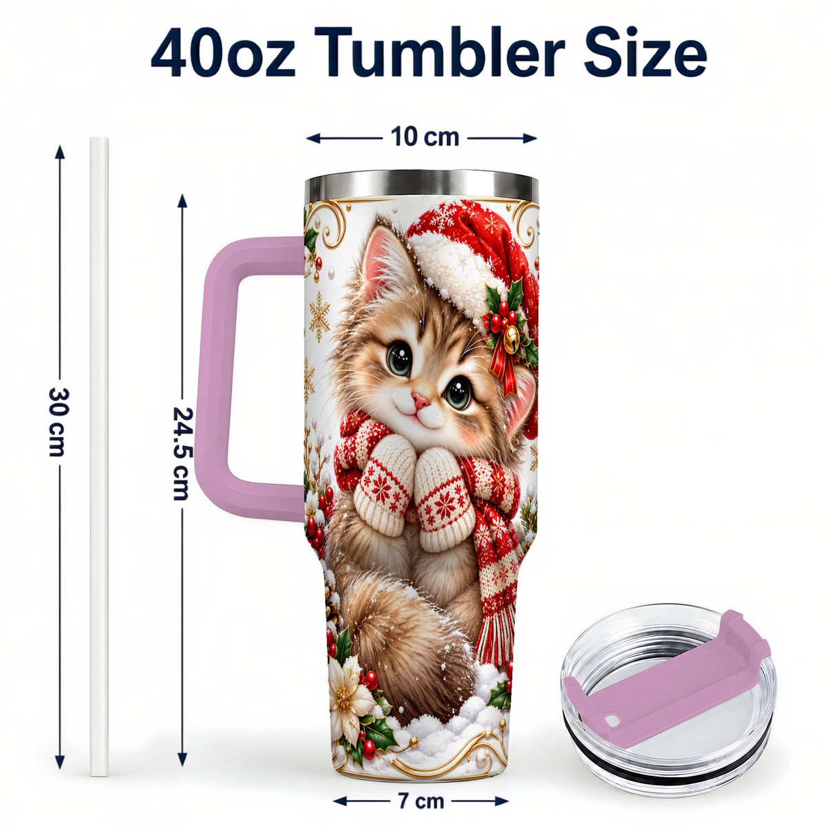 #pl[40oz|Pink] Santa Hat Kitten 40oz Tumbler with Handle, Festive Cat Drinkware