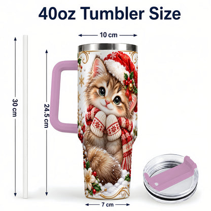 #pl[40oz|Pink] Santa Hat Kitten 40oz Tumbler with Handle, Festive Cat Drinkware