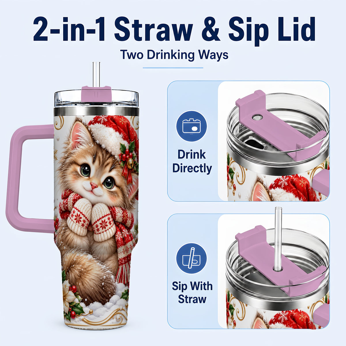 #pl[40oz|Pink] Santa Hat Kitten 40oz Tumbler with Handle, Festive Cat Drinkware