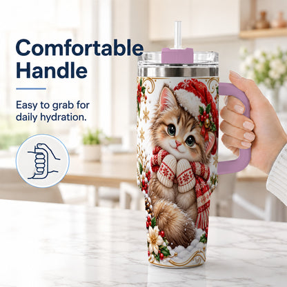 #pl[40oz|Pink] Santa Hat Kitten 40oz Tumbler with Handle, Festive Cat Drinkware