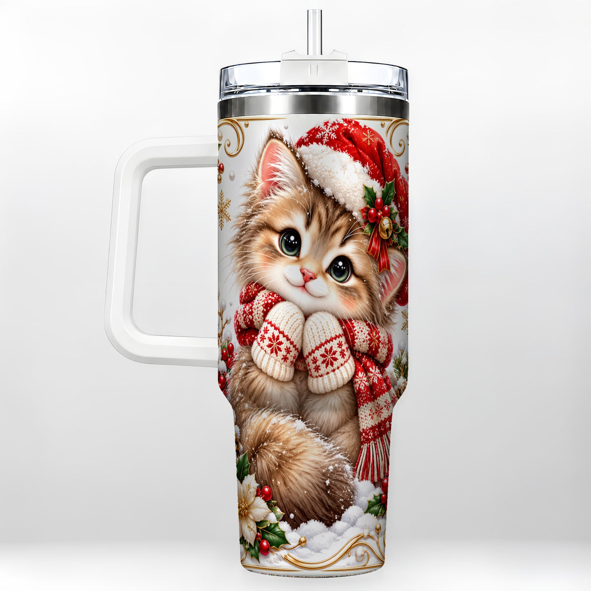 Santa Hat Kitten 40oz Tumbler with Handle, Festive Cat Drinkware