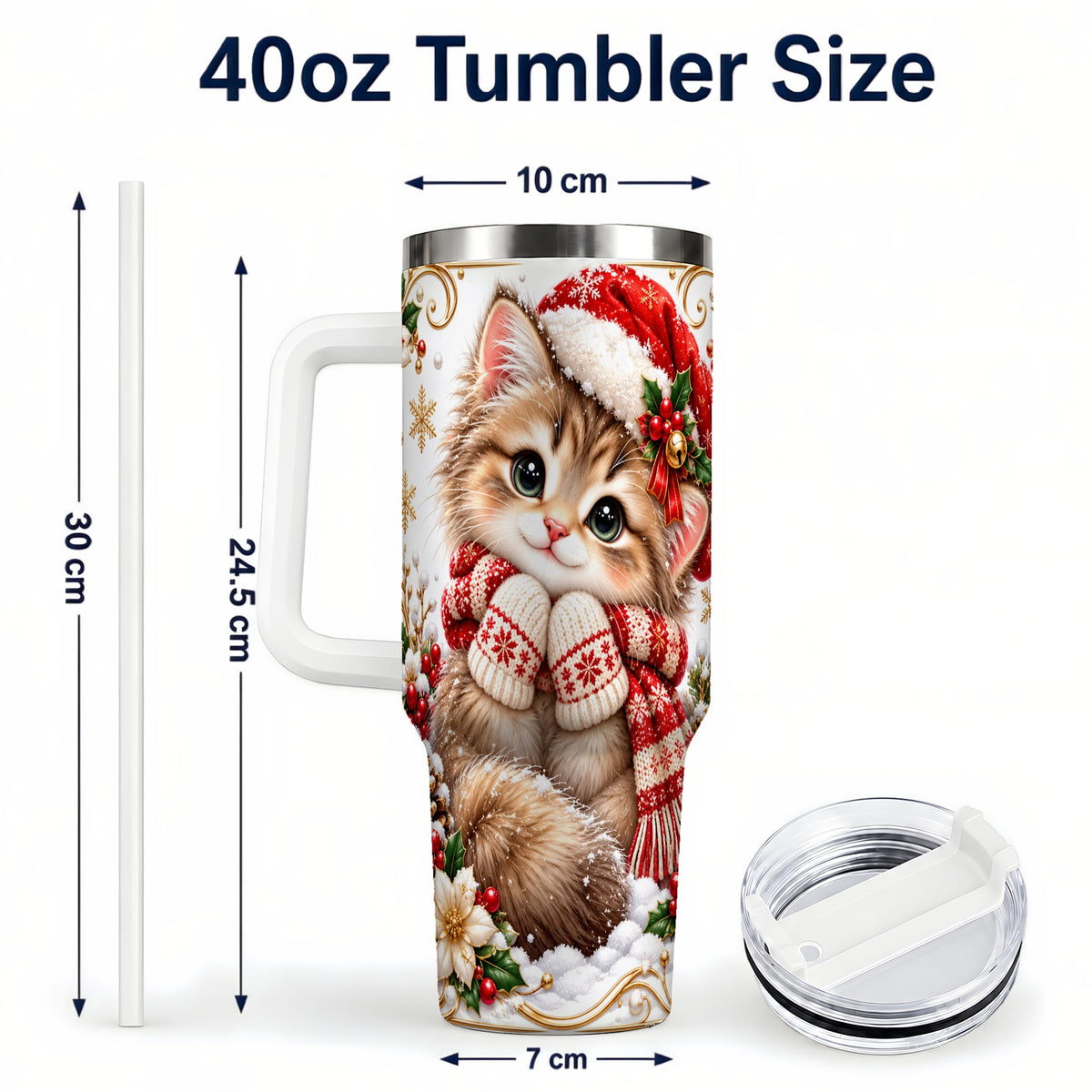 #pl[40oz|White] Santa Hat Kitten 40oz Tumbler with Handle, Festive Cat Drinkware