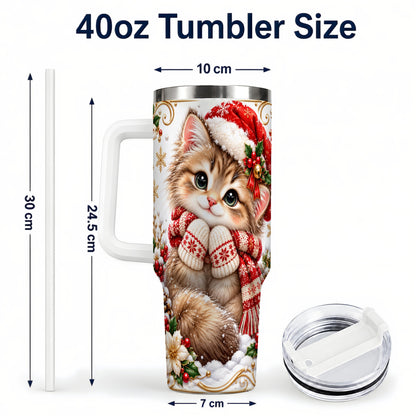 #pl[40oz|White] Santa Hat Kitten 40oz Tumbler with Handle, Festive Cat Drinkware