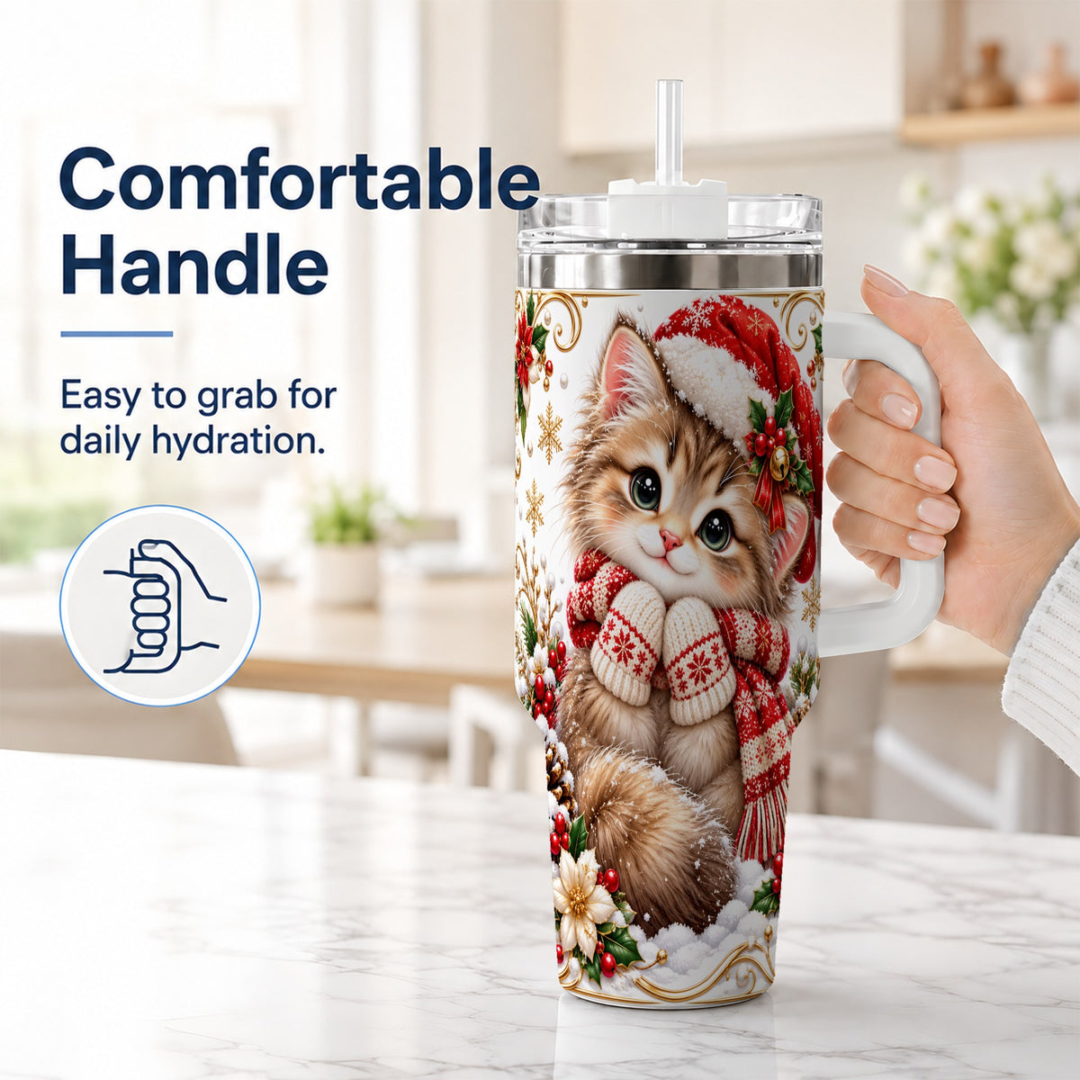 #pl[40oz|White] Santa Hat Kitten 40oz Tumbler with Handle, Festive Cat Drinkware