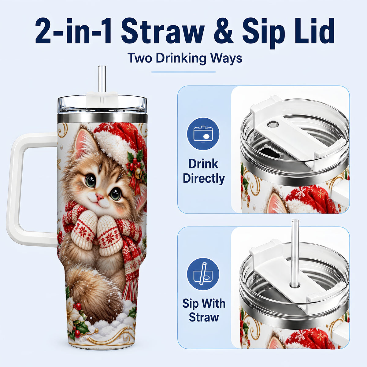 #pl[40oz|White] Santa Hat Kitten 40oz Tumbler with Handle, Festive Cat Drinkware