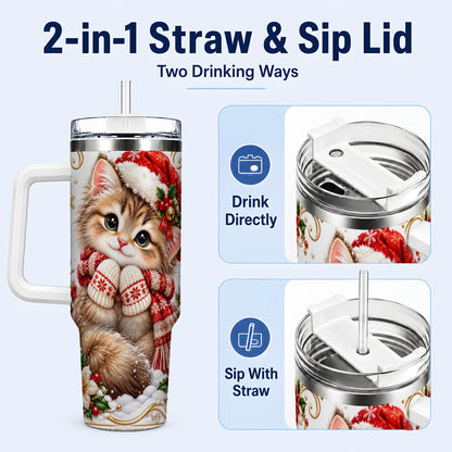 #pl[40oz|White] Santa Hat Kitten 40oz Tumbler with Handle, Festive Cat Drinkware
