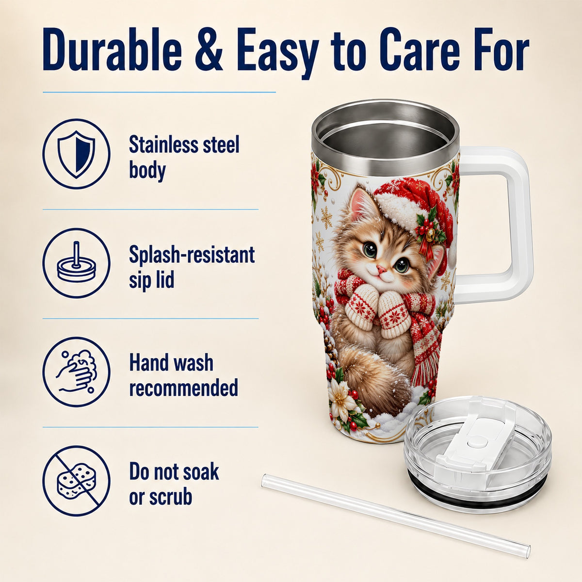 Santa Hat Kitten 40oz Tumbler with Handle, Festive Cat Drinkware
