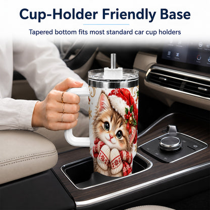 Santa Hat Kitten 40oz Tumbler with Handle, Festive Cat Drinkware