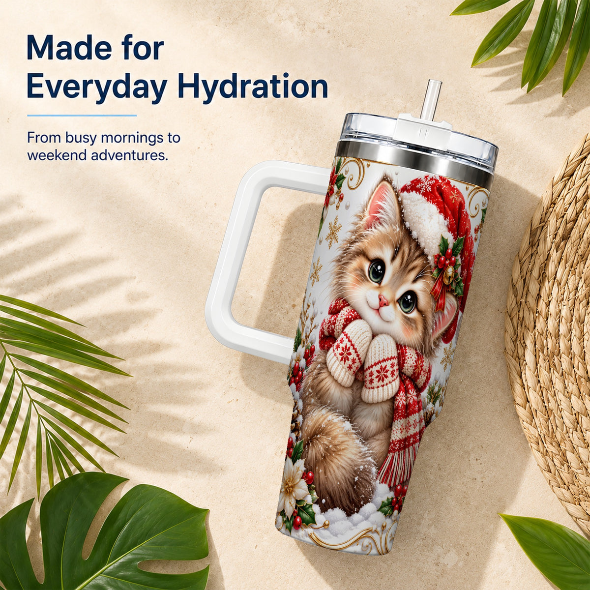 Santa Hat Kitten 40oz Tumbler with Handle, Festive Cat Drinkware