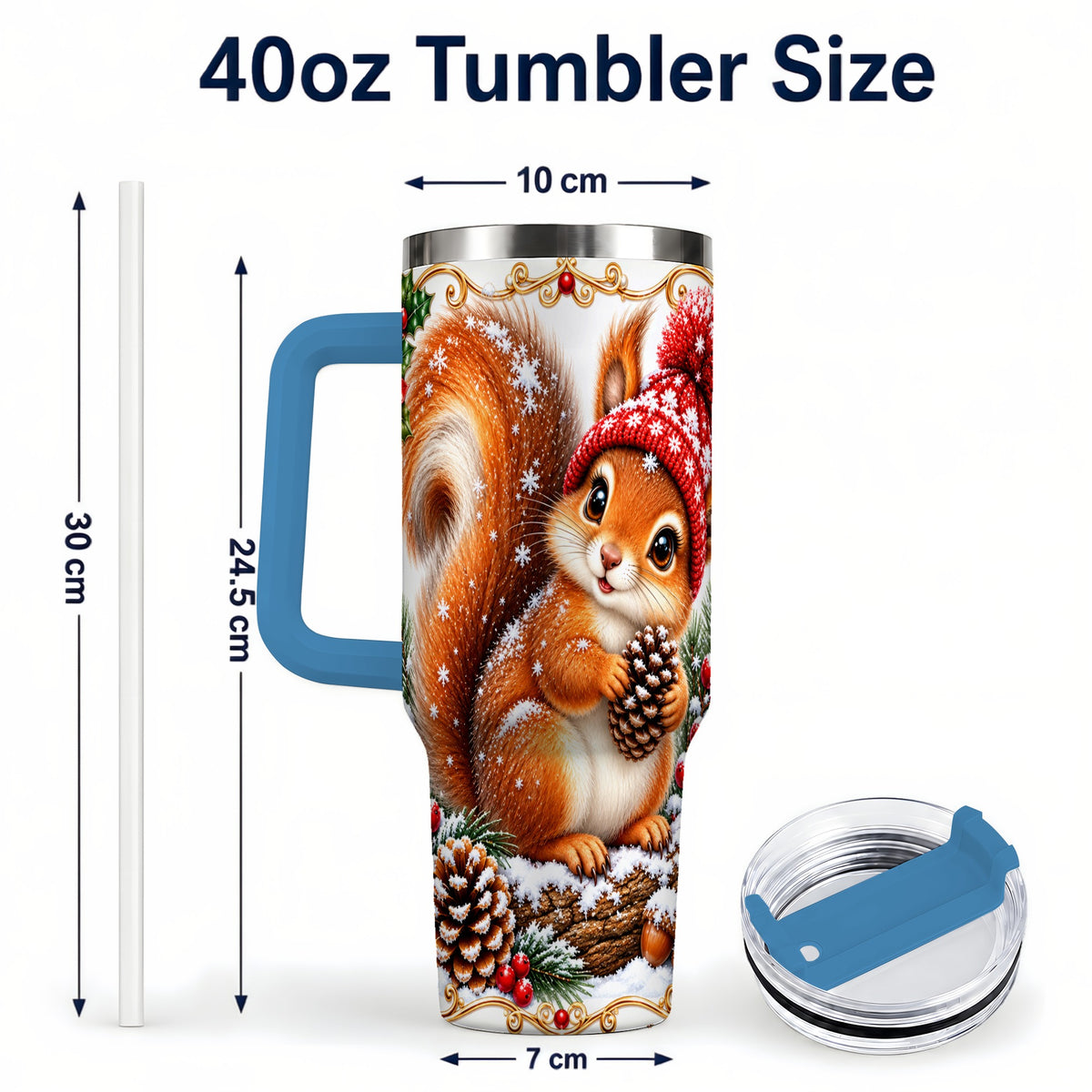 #pl[40oz|Blue] Christmas Squirrel 40oz Tumbler with Handle, Winter Woodland Drinkware