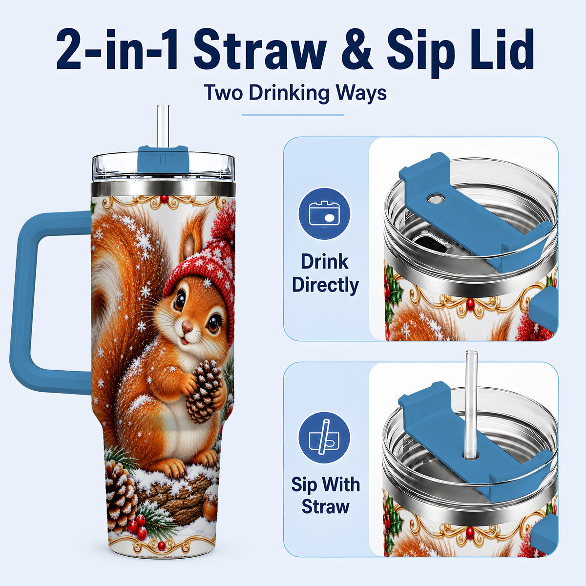 #pl[40oz|Blue] Christmas Squirrel 40oz Tumbler with Handle, Winter Woodland Drinkware