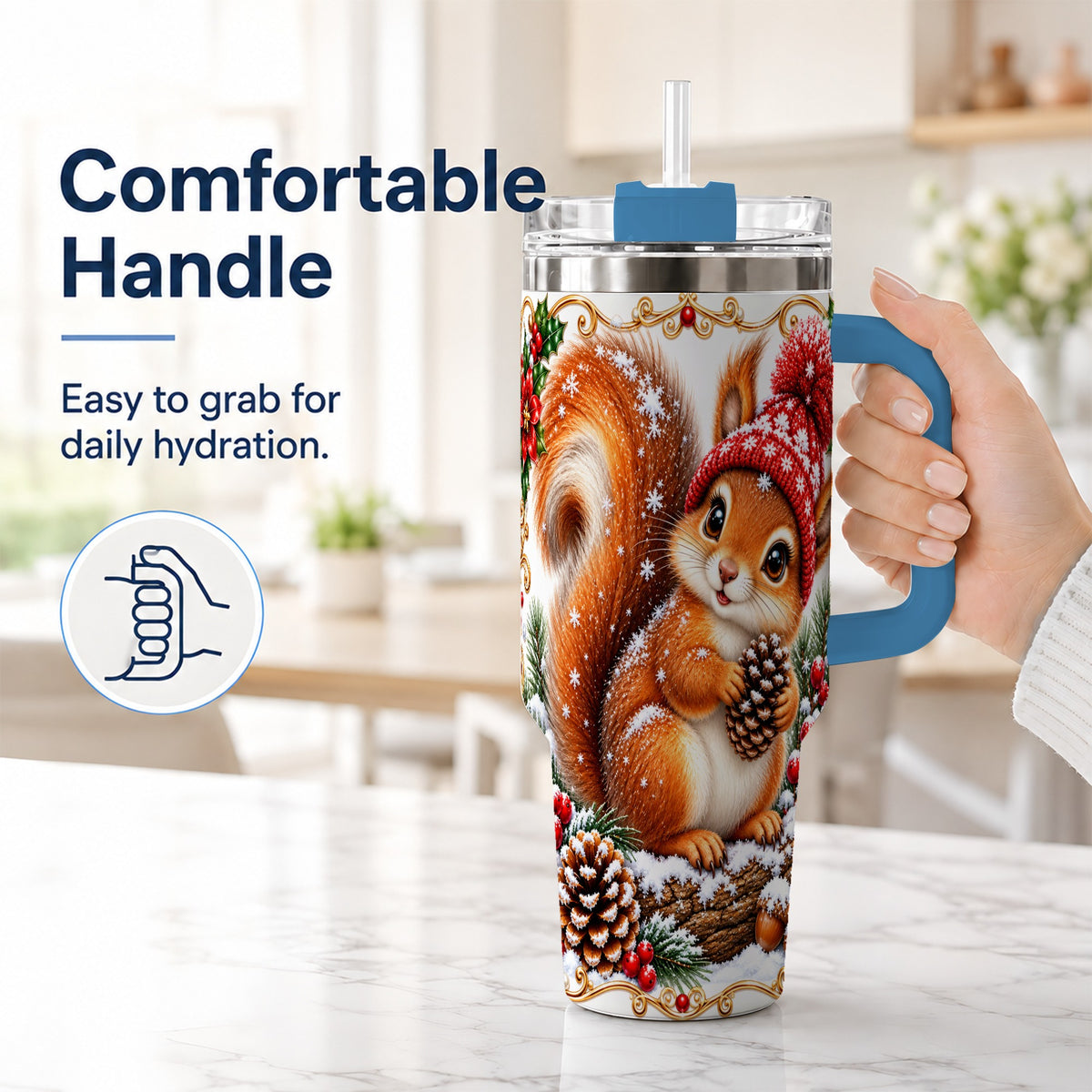 #pl[40oz|Blue] Christmas Squirrel 40oz Tumbler with Handle, Winter Woodland Drinkware