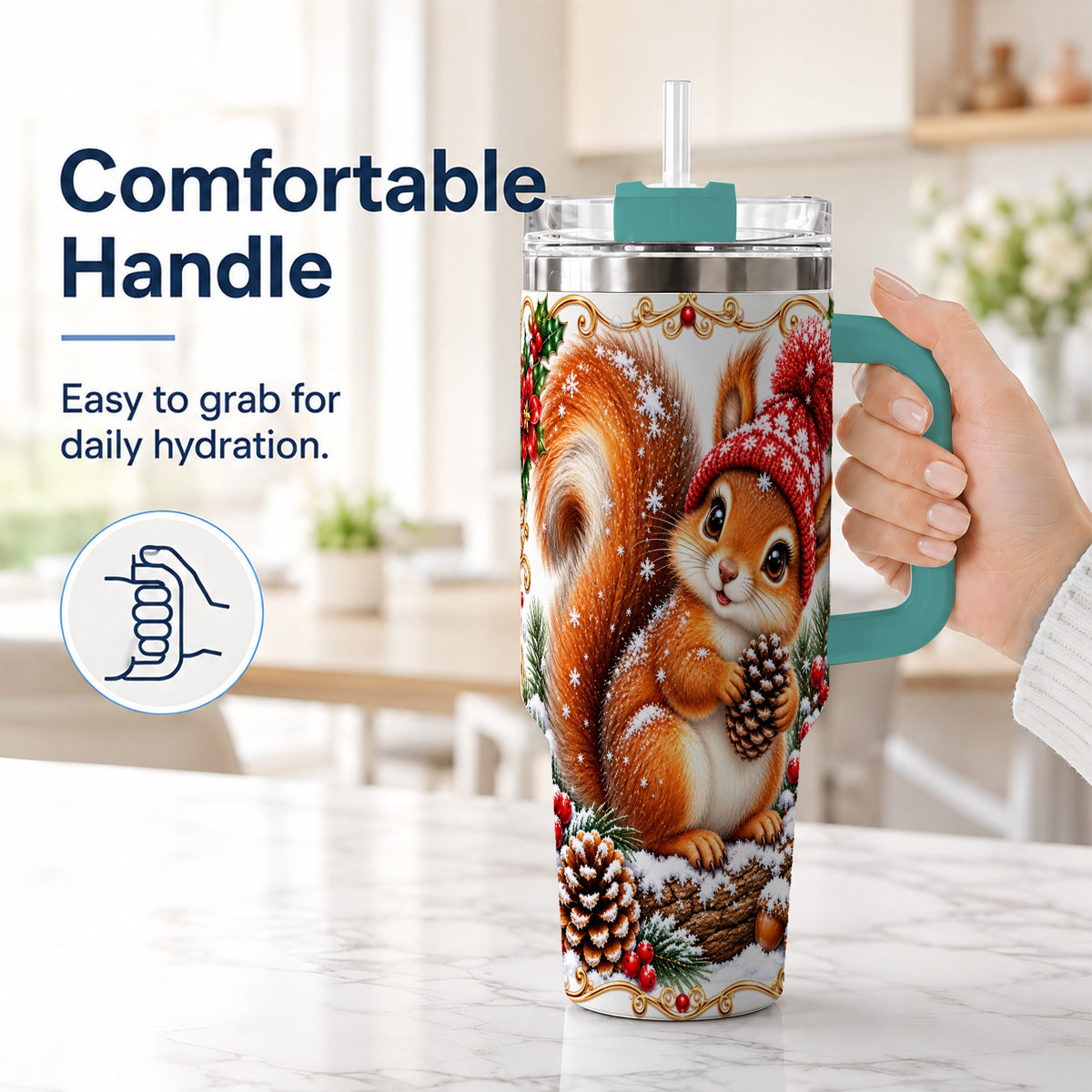 #pl[40oz|Green] Christmas Squirrel 40oz Tumbler with Handle, Winter Woodland Drinkware