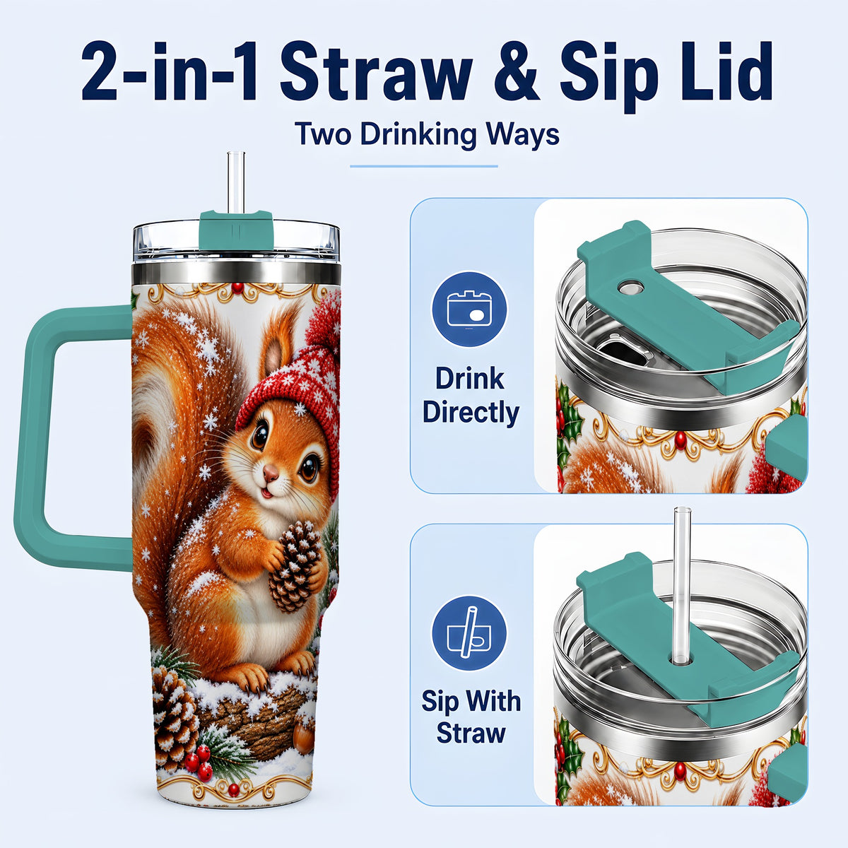 #pl[40oz|Green] Christmas Squirrel 40oz Tumbler with Handle, Winter Woodland Drinkware