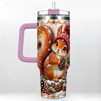 #pl[40oz|Pink] Christmas Squirrel 40oz Tumbler with Handle, Winter Woodland Drinkware