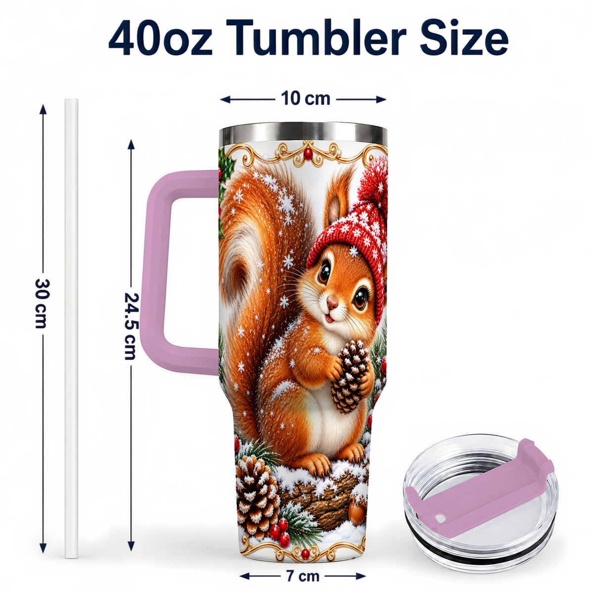 #pl[40oz|Pink] Christmas Squirrel 40oz Tumbler with Handle, Winter Woodland Drinkware