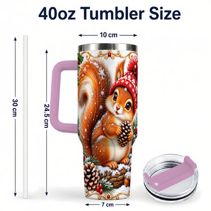 #pl[40oz|Pink] Christmas Squirrel 40oz Tumbler with Handle, Winter Woodland Drinkware