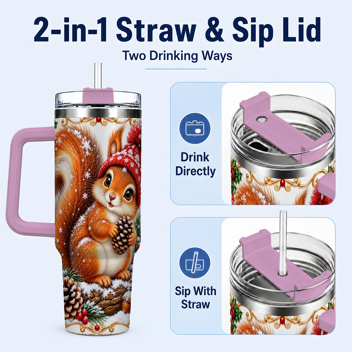 #pl[40oz|Pink] Christmas Squirrel 40oz Tumbler with Handle, Winter Woodland Drinkware