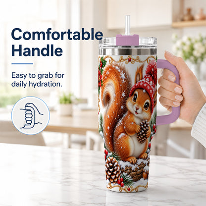 #pl[40oz|Pink] Christmas Squirrel 40oz Tumbler with Handle, Winter Woodland Drinkware