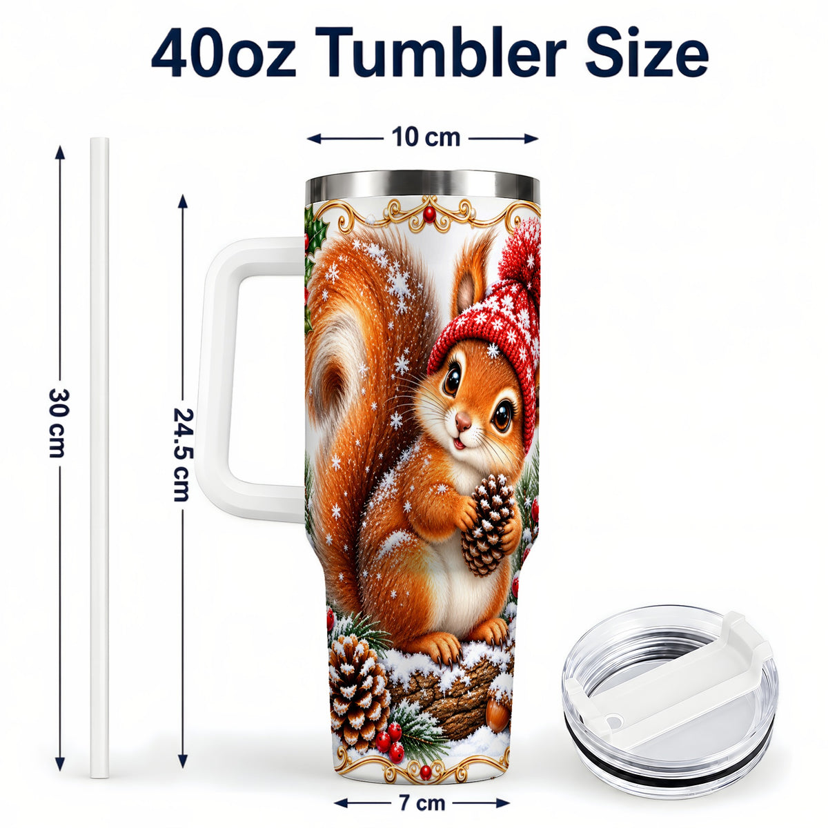 #pl[40oz|White] Christmas Squirrel 40oz Tumbler with Handle, Winter Woodland Drinkware