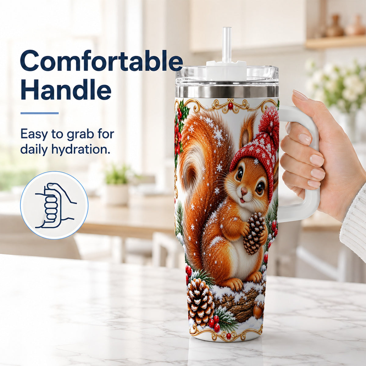 #pl[40oz|White] Christmas Squirrel 40oz Tumbler with Handle, Winter Woodland Drinkware