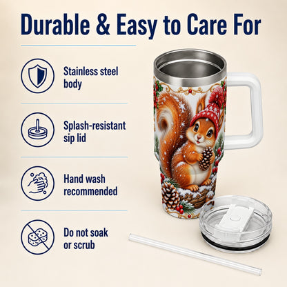 Christmas Squirrel 40oz Tumbler with Handle, Winter Woodland Drinkware