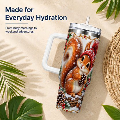 Christmas Squirrel 40oz Tumbler with Handle, Winter Woodland Drinkware