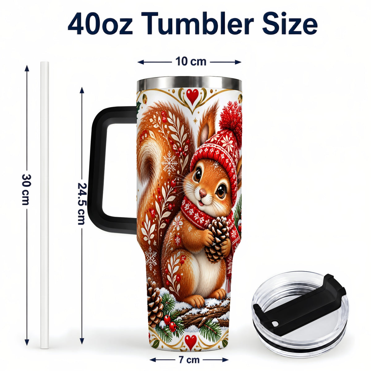 #pl[40oz|Black] Christmas Squirrel 40oz Tumbler with Handle, Winter Woodland Design