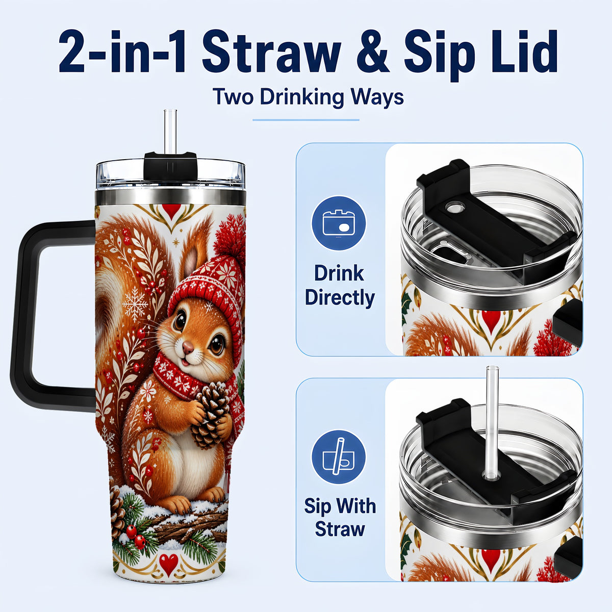 #pl[40oz|Black] Christmas Squirrel 40oz Tumbler with Handle, Winter Woodland Design