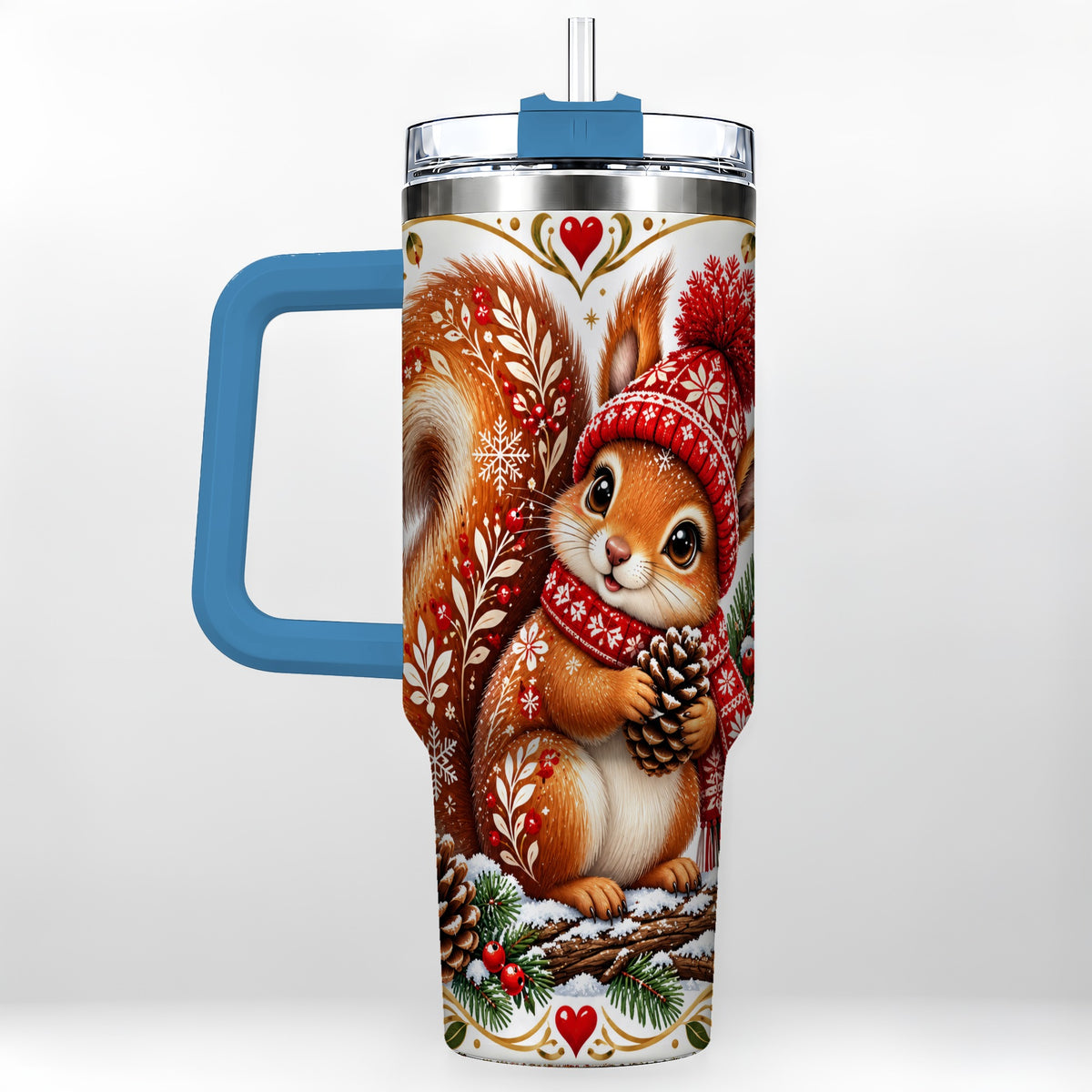 #pl[40oz|Blue] Christmas Squirrel 40oz Tumbler with Handle, Winter Woodland Design