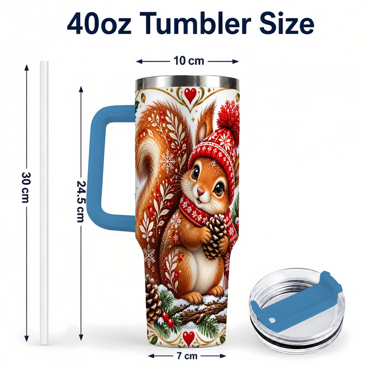 #pl[40oz|Blue] Christmas Squirrel 40oz Tumbler with Handle, Winter Woodland Design
