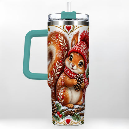 #pl[40oz|Green] Christmas Squirrel 40oz Tumbler with Handle, Winter Woodland Design