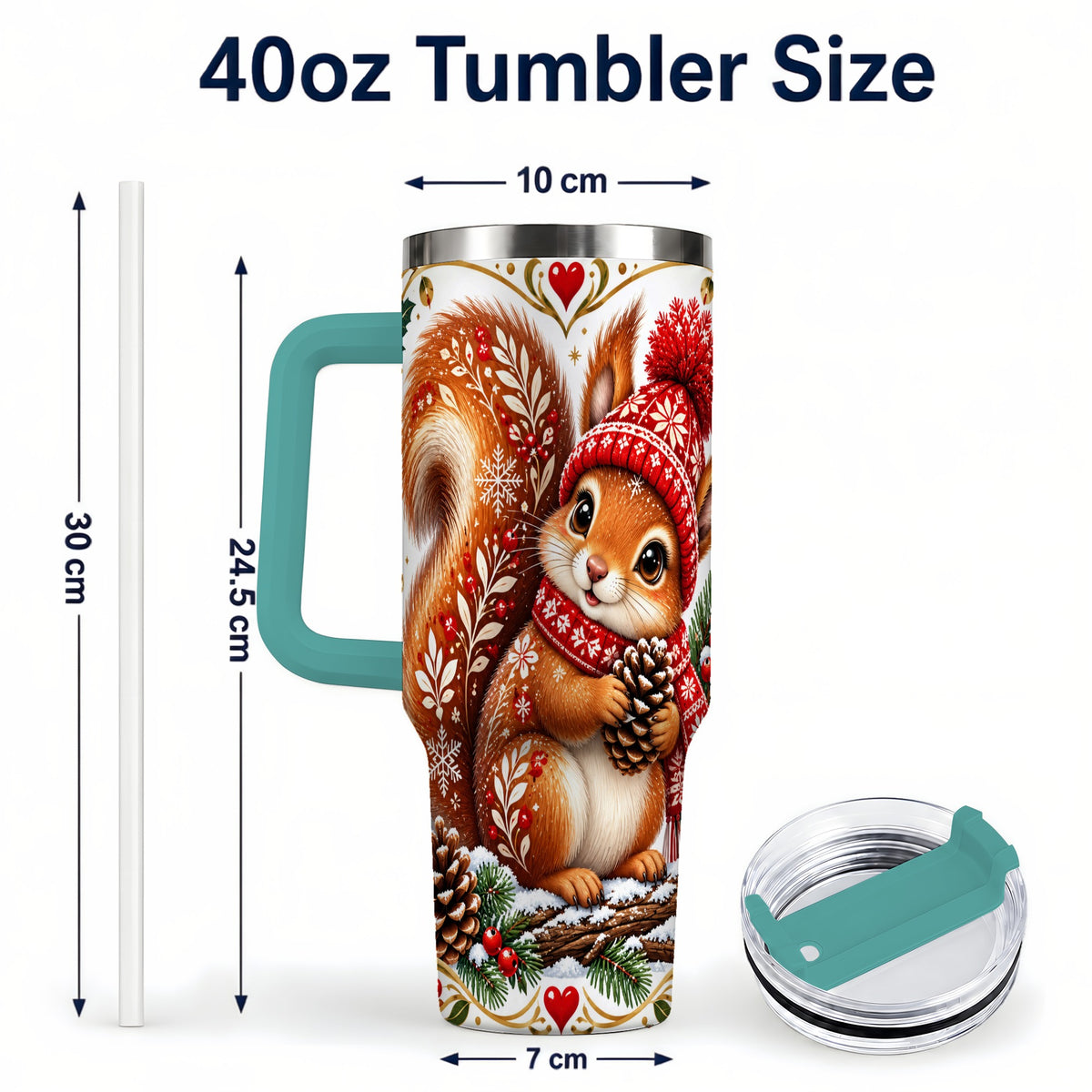 #pl[40oz|Green] Christmas Squirrel 40oz Tumbler with Handle, Winter Woodland Design
