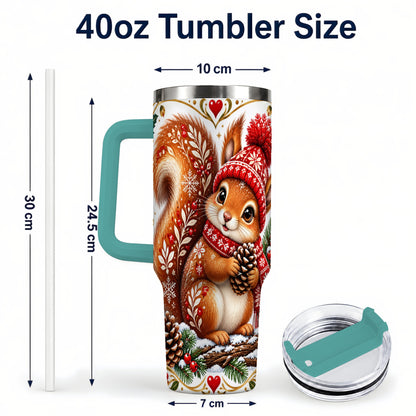 #pl[40oz|Green] Christmas Squirrel 40oz Tumbler with Handle, Winter Woodland Design