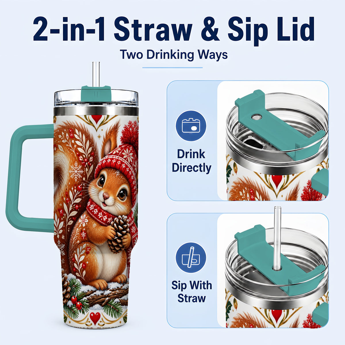 #pl[40oz|Green] Christmas Squirrel 40oz Tumbler with Handle, Winter Woodland Design